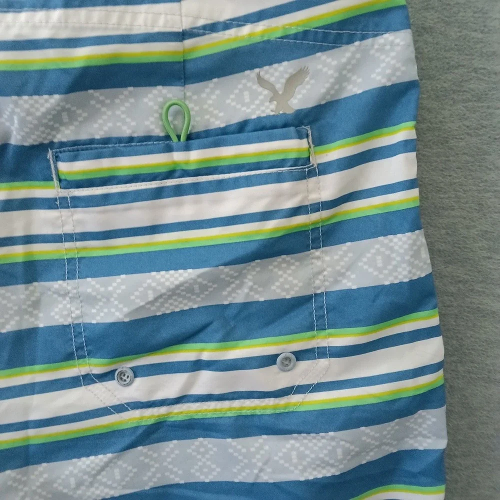 American Eagle Outfitters Blue Striped Board Shorts Mens Large Neon Drawstring